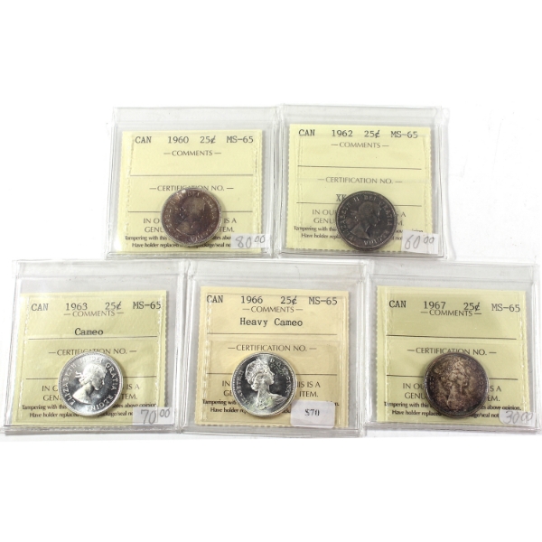 25-cent 1960, 1962, 1963 Cameo, 1966 Heavy Cameo & 1967 ICCS MS65. 5pcs