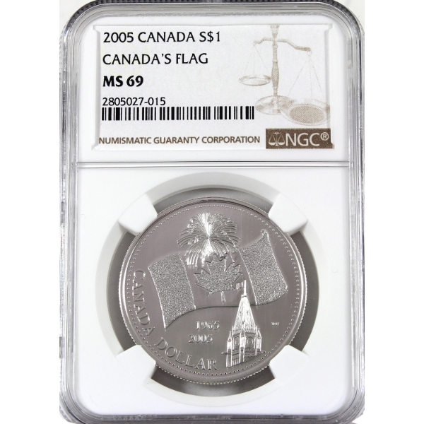 2005 $1 Canada's Flag 40th Anniversary .9999 Fine Silver Coin NGC MS69 (Tax Exempt)