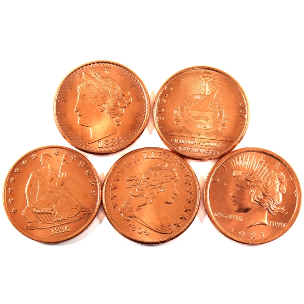 5x 1oz Assorted Coins .999 Fine Copper Rounds. 5pcs