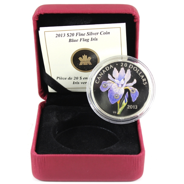 2013 $20 Blue Flag Iris 1oz .9999 Fine Silver Coin w/ Selective Colour & Crystal Embellishments