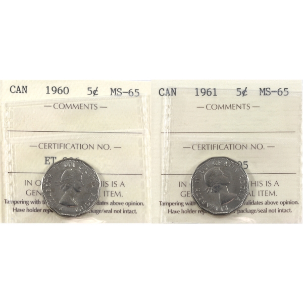 5-cent 1960 & 1961 ICCS MS65. 2pcs.