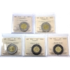 Image 1 : $2 2019 14 Serrations MS65, 2x 2020 Victory; Colour MS63 & 2x 2022 Black Ring MS64 ICCS. 5pcs. 