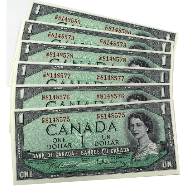 BC-37b-i 1954 $1 Consecutive Beattie-Rasminsky SN: C/P8148575-"80. 6pcs.