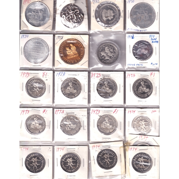 1970-1991 Bulk Collection of Oktoberfest Tokens, Wooden $1 and Nickel and Wood Like Christmas Cards