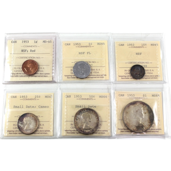 1953 Year Set ICCS MS64 to MS66. 6pcs.