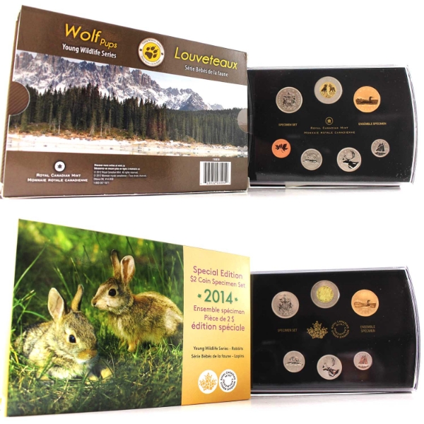 2012 Wolf Cubs & 2014 Baby Rabbits Young Wildlife Series Special Edition $2 Coin Specimen Set. 2pcs.