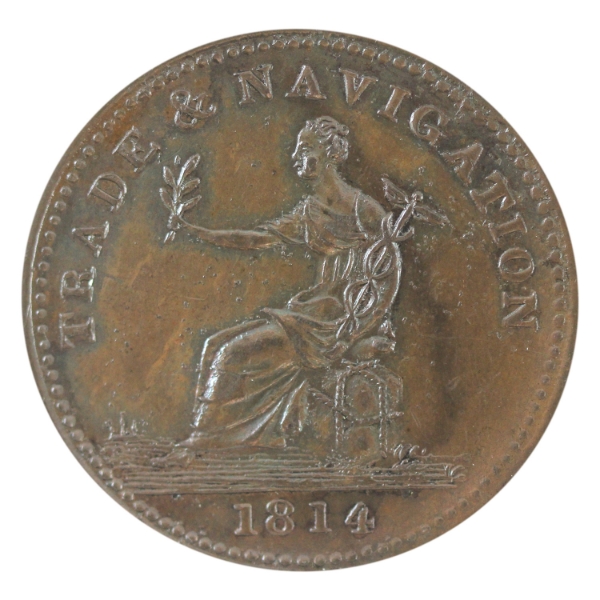 BR-962, CH-NS-20B3 1814 Trade & Navigation Penny Token AU-UNC. High Large 8, Bar Ampersand Variety