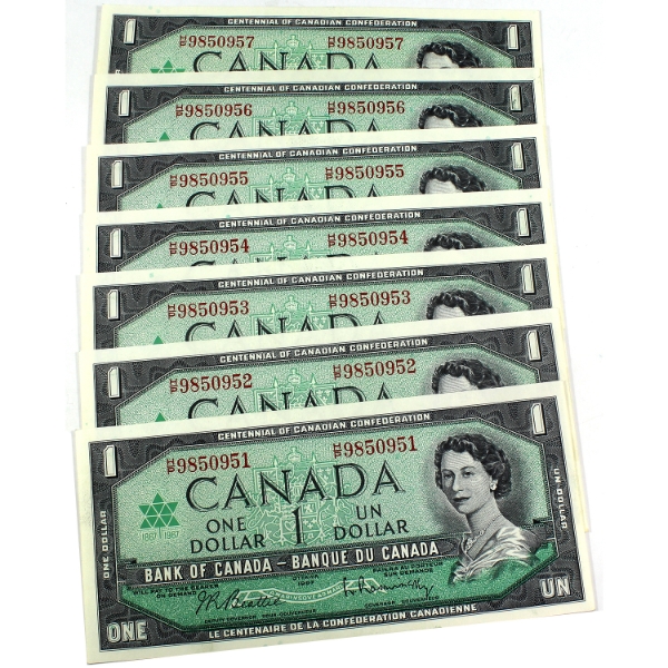 7x BC-45b-i 1967 $1 Consecutive Some AU-UNC Beattie-Rasminsky SN: H/P9850951-"57. 7pcs.
