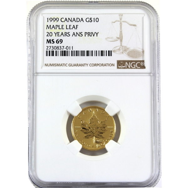 1999 Gold $10 GML 1/4oz .9999 Fine Gold Coin w/ 20 Years Privy Mark NGC MS69 (Tax Exempt)
