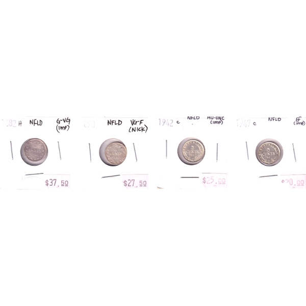 4x Newfoundland 5-cent 1882H G-VG, 1890 VG-F, 1942C AU-UNC & 1947C EF. 4pcs