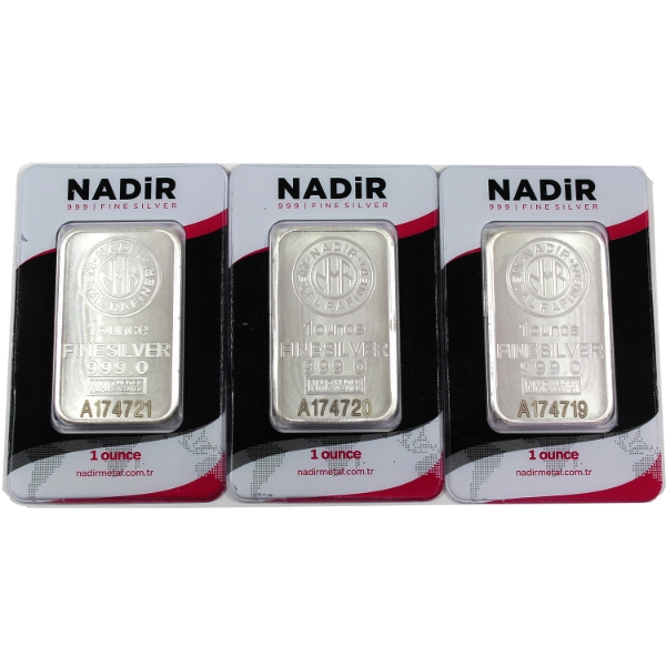 3x 1oz Nadir Metal Rafineri Consecutive .999 Fine Silver Bars in Assay Cards SN: A174719-"21. 3pcs.