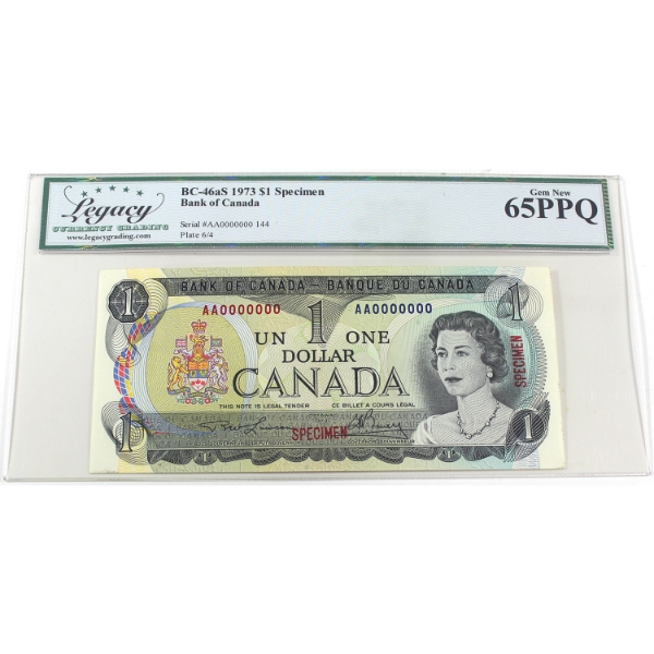 BC-46aS 1973 $1 Specimen Legacy GEM UNC65 PPQ Lawson-Bouey SN: AA0000000 144