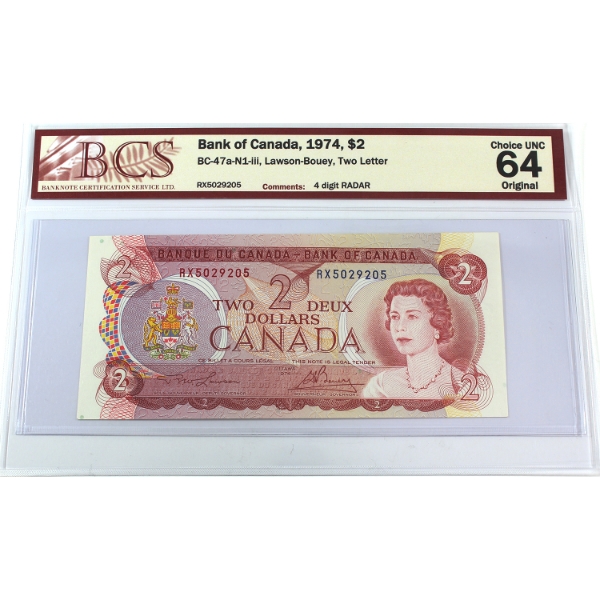 RADAR BC-47a-N1-iii 1974 $2 Two Letter, 4-Digit RADAR BCS CUNC64 Original Lawson-Bouey SN: RX5029205