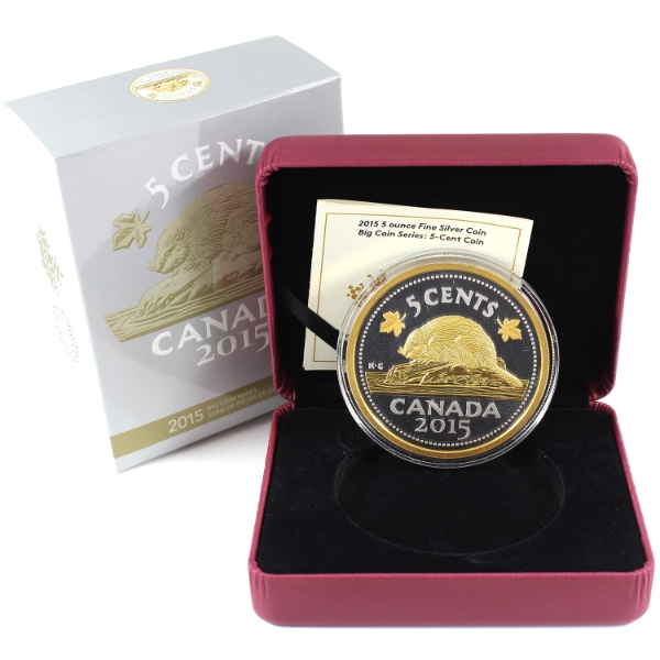 2015 Big Coin Series: 5-Cent Coin 5oz .9999 Fine Silver Coin w/ Selective Gold Plating (Tax Exempt)