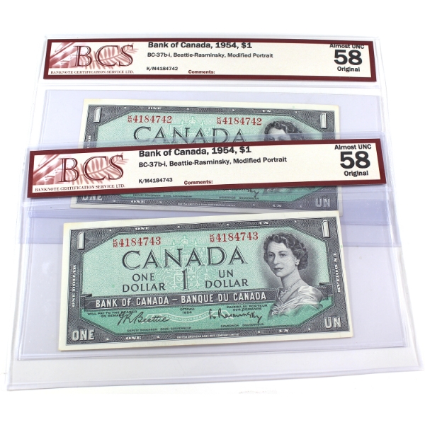 BC-37b-i 1954 $1 Modified Portrait Consecutive BCS AU58 Original Beattie-Rasminsky. 2pcs
