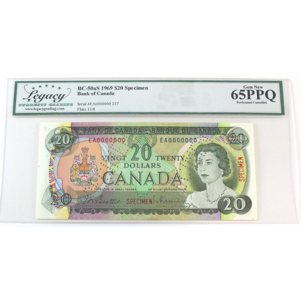 BC-50aS 1969 $20 Specimen Legacy GEM UNC65 PPQ Beattie-Rasminsky SN: EA0000000 237