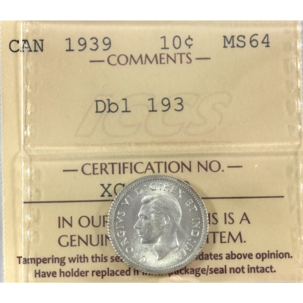 10-cent 1939 Dbl 193 ICCS MS64