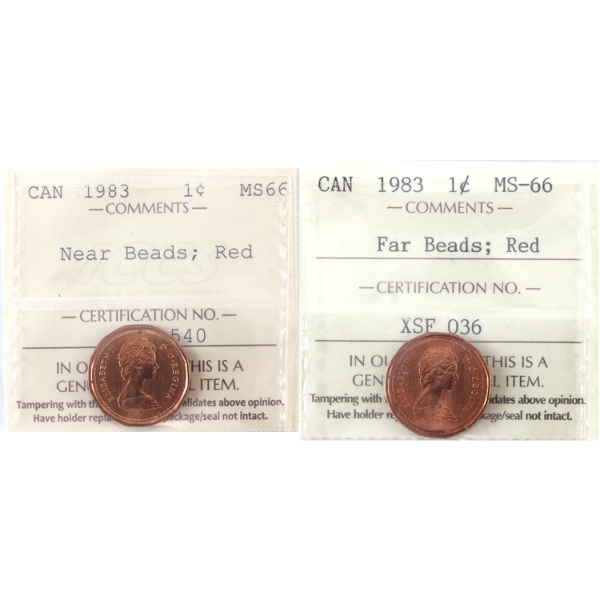 1-cent 1983 Near Beads & Far Beads ICCS MS66 Red. 2pcs 
