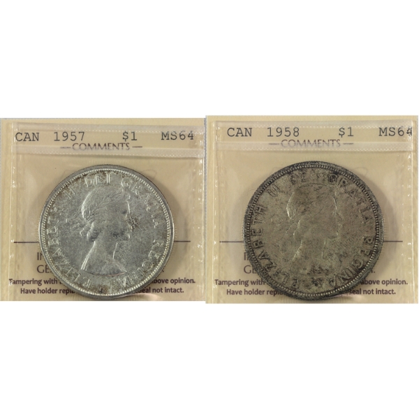 Silver $1 1957 & 1958 ICCS MS64. 2pcs