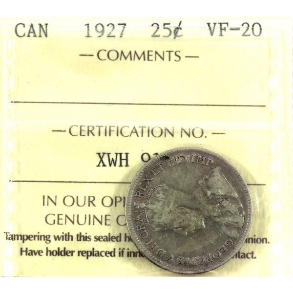 25-cent 1927 ICCS VF20