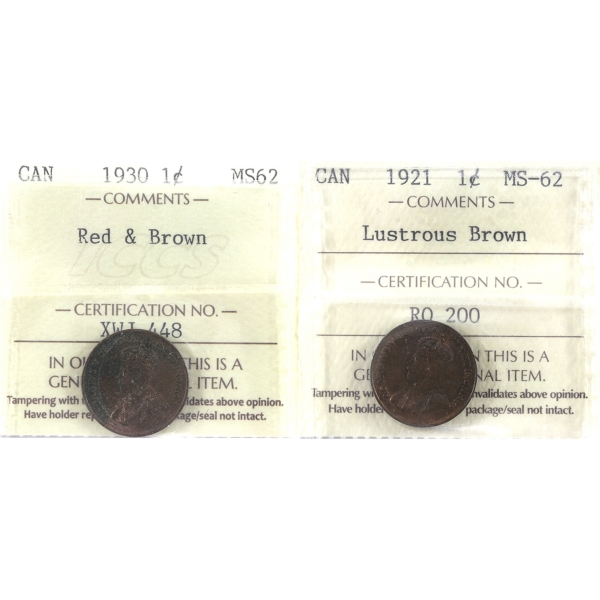 1-cent 1921 Lustrous Brown, & 1930 Red & Brown ICCS MS62. 2pcs