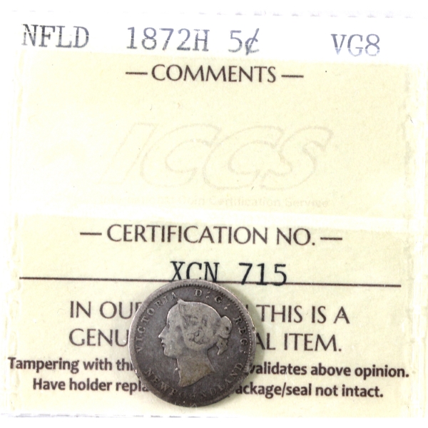 Newfoundland 5-cent 1872H ICCS VG8