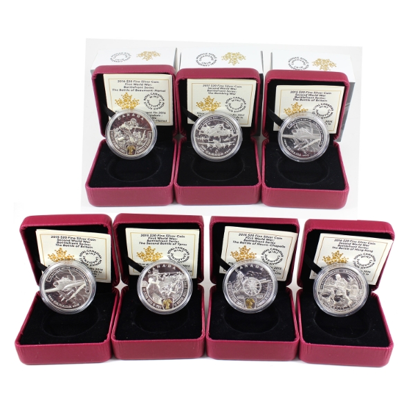 Bulk Collection of 7x 2015-2017 $20 WWI & WWII Battlefront Series Fine Silver Coins. 7pcs