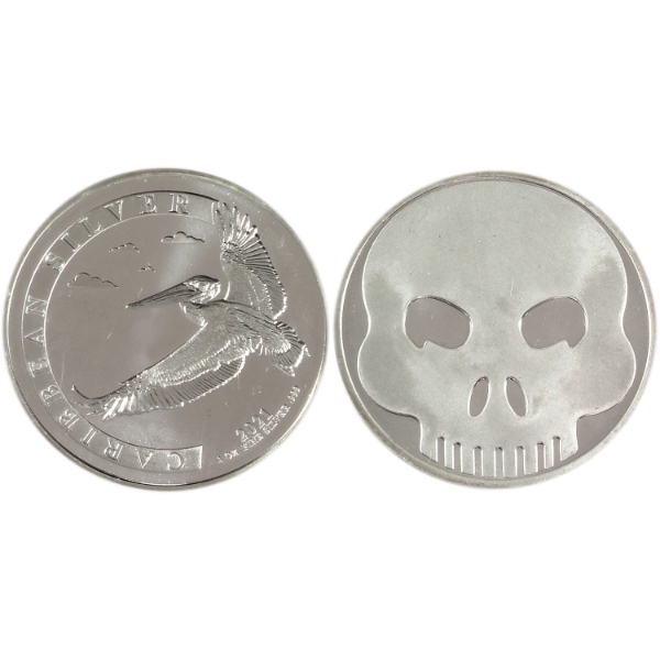2x 1oz Barbados 2021 $1 Caribbean Silver Pelican & SilverTowne Skull Emoji .999 Fine Silver Rounds