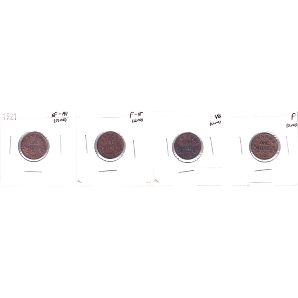 1-cent 1921 EF-AU, 1922 F-VF, 1925 VG & 1926 F (all cleaned). 4pcs.
