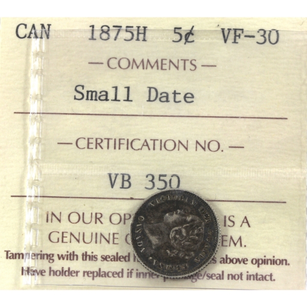 5-cent 1875H Small Date ICCS VF30 *Key Date*