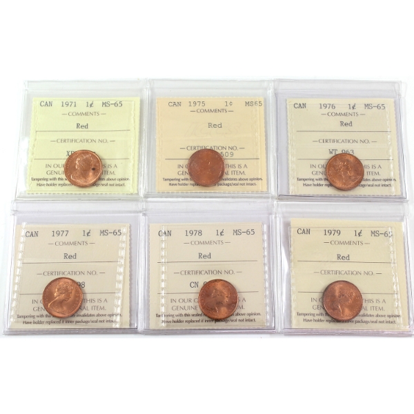 1-cent 1971, 1975, 1976, 1977, 1978 & 1979 ICCS MS65 Red. 6pcs.