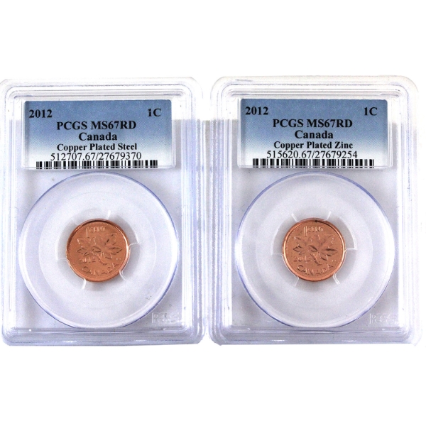 1-cent 2012 Cooper Plated Zinc & Copper Plated Steel PCGS MS67 Red. 2pcs