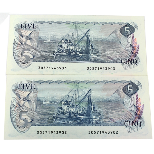 BC-53b 1979 $5 Consecutive UNC Crow-Bouey SN:30571943902-"903. 2pcs.