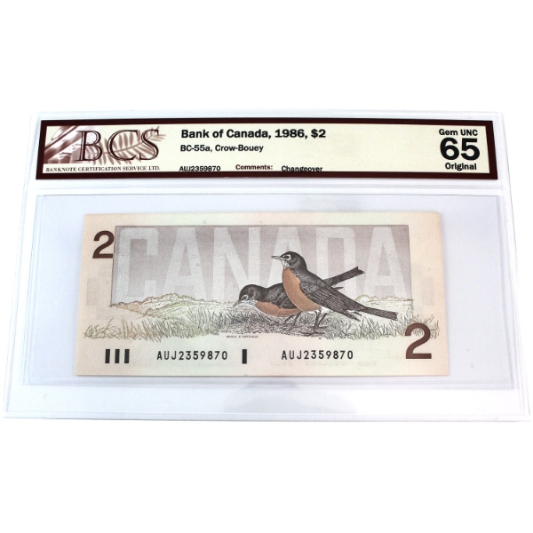 BC-55a 1986 $2  Changeover BCS Gem UNC65, Crow-Bouey SN: AUJ2359870