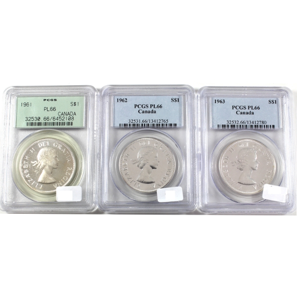 Silver $1 1961, 1962 & 1963 PCGS PL66. 3pcs