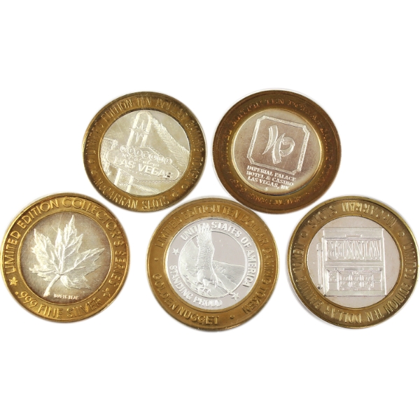 Group Lot of Special Edition 10-20 Dollar .999 Fine Silver Casino Gaming Tokens. 5pcs. (Tax Exempt)