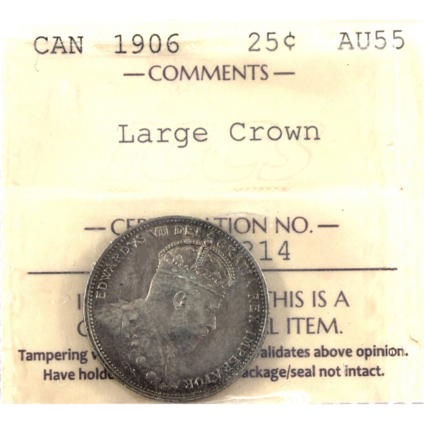 25-cent 1906 Large Crown ICCS AU55