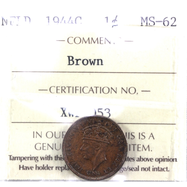 Newfoundland 1-cent 1944C ICCS MS62 Brown. *Scarce in Mint State!* 