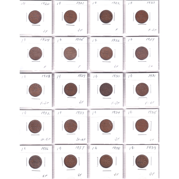 Bulk Collection of 1-cent 1920-1972 in 20-Pocket Sheets. 59pcs.