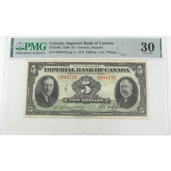 375-24-02 1939 $5 CIBC $5 PMG VF30 Jaffray-Phipps SN: E094735 pp A