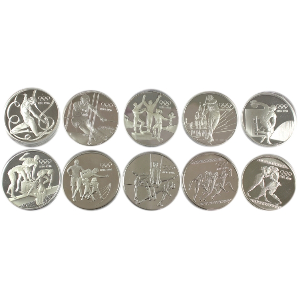 1896-1996 Olympic Centennial Sterling Silver Coin Collection. 10pcs.