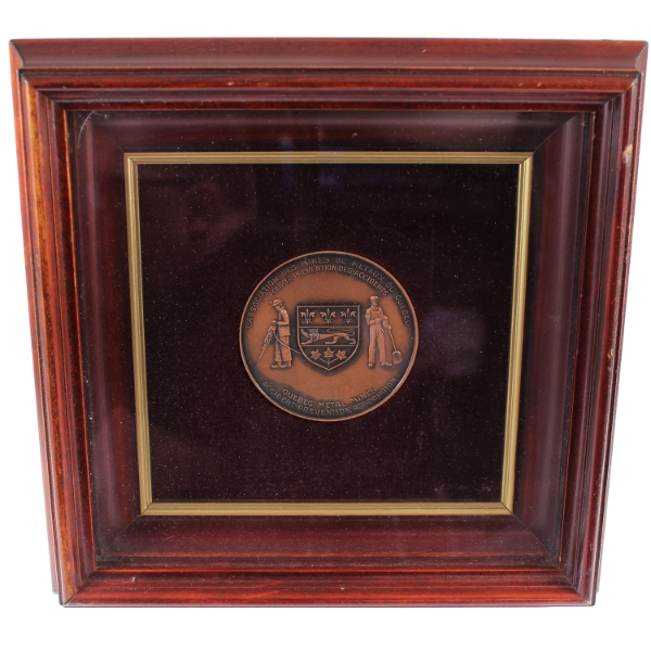 N.D. Quebec Metal Mines Accident Prevention Association Medal in Upright Wood Display Frame