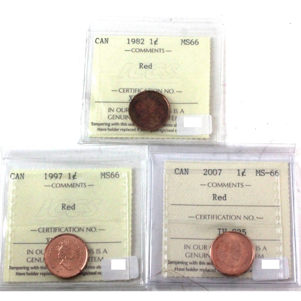1-cent 1982, 1997, & 2007 ICCS MS66 Red. 3pcs.