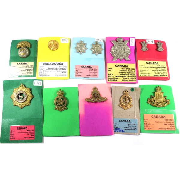 10x Group Lot of Canada/USA c. WWII-1960s Military Cap Insignias & Badges. 10pcs.