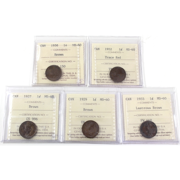 1-cent 1927-1936 ICCS MS60. 5pcs.