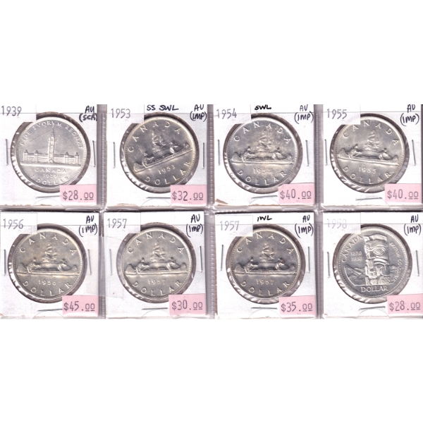 Bulk Lot of Silver $1 1939-1958 in 8-Pocket Sheet AU. 8pcs.
