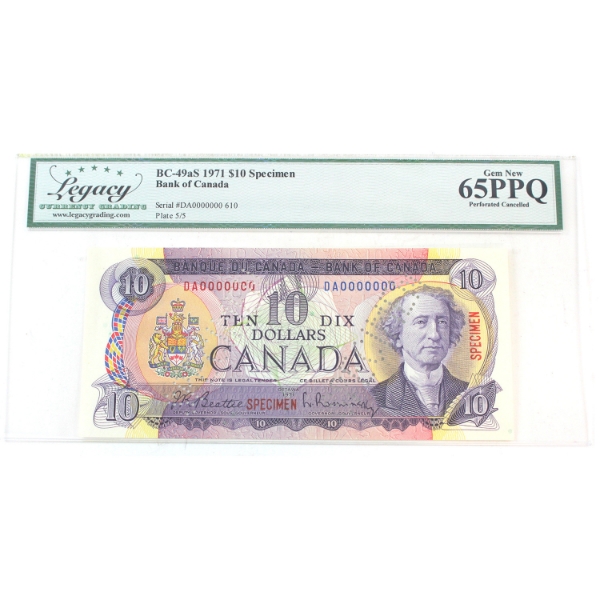 BC-49aS 1971 $10 Specimen Legacy GEM UNC65 PPQ Beattie-Rasminsky SN: DA0000000 610