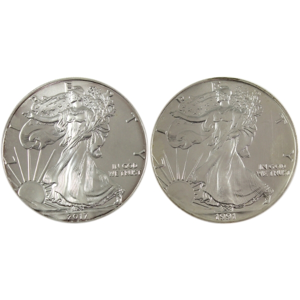 2x 1oz USA 1991 & 2017 $1 Silver Eagle .999 Fine Silver Coins. 2pcs (Tax Exempt)
