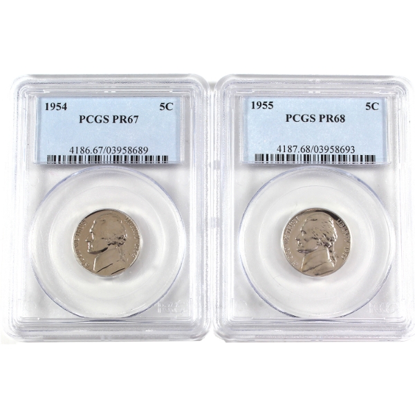 USA Jefferson Nickels 1954 PR67 & 1955 PR68 PCGS Graded. 2pcs.