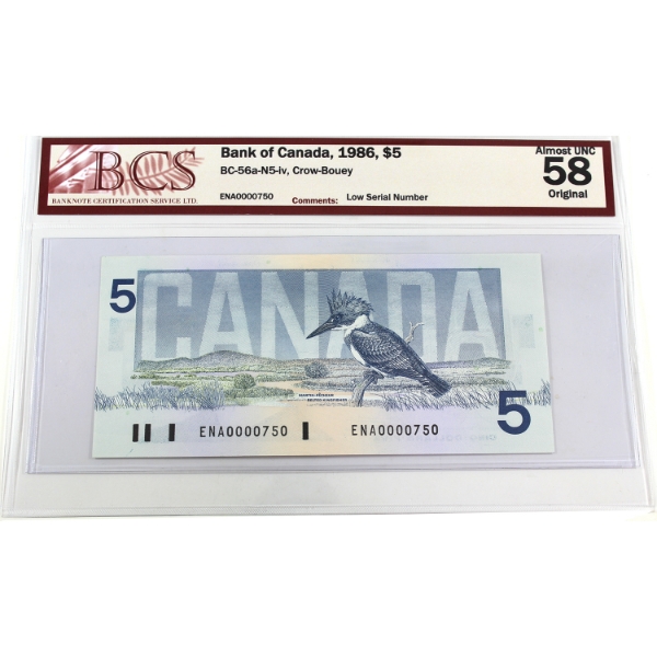 BC-56a-N5-iv 1986 Low Serial # $5 BCS AU58 Original Crow-Bouey-SN: ENA0000750